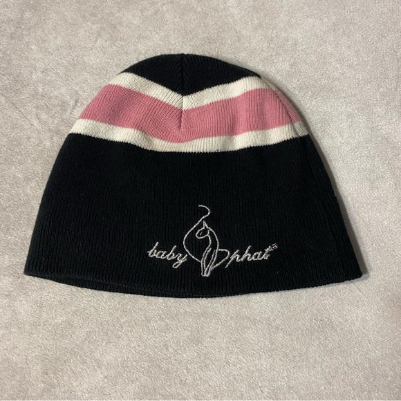 Baby Phat Black Pink White Knit Beanie Hat Women Logo Embroidered Streetwear Y2K - Picture 7 of 9